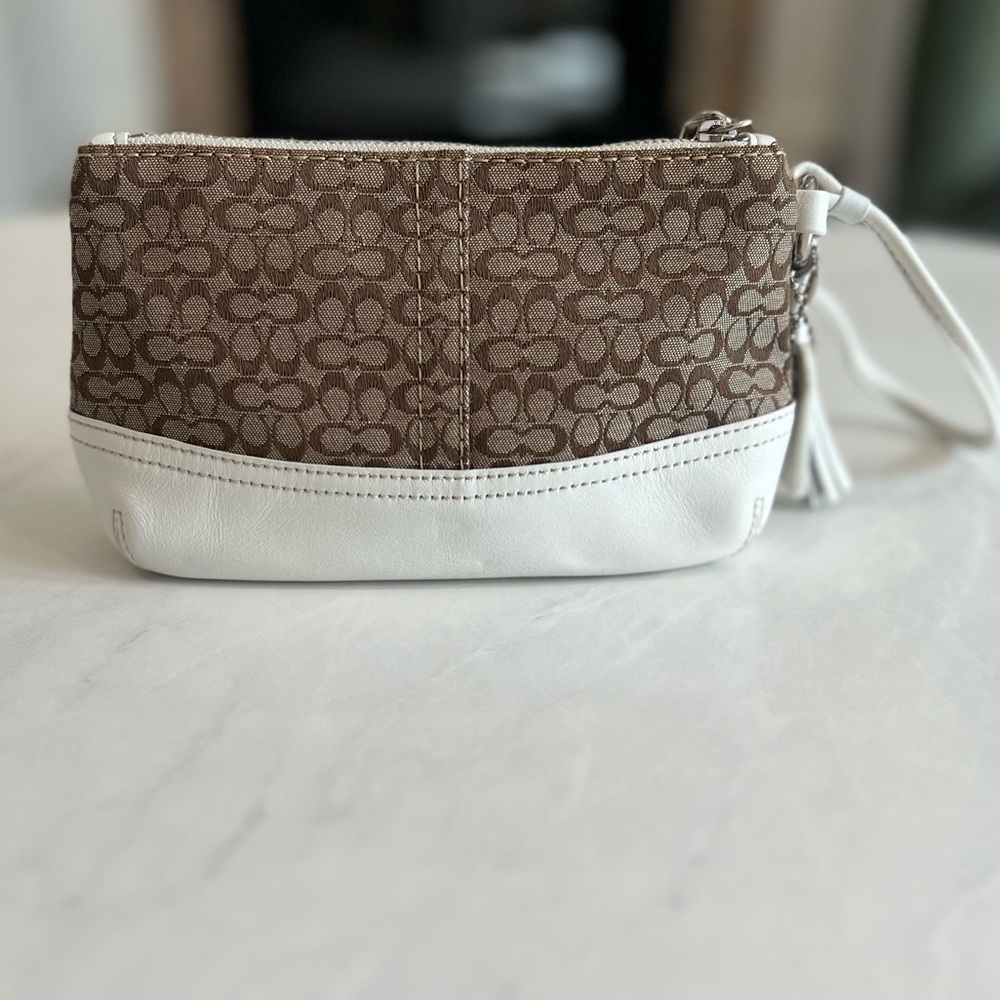 Coach Brown Signature Canvas Wristlet with White Leather Trim - Picture 2 of 13